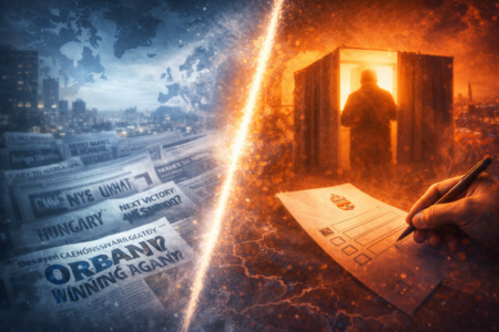 Orbán választás 2026 – külföldi percepció vs magyar választói döntés vizuális ábrázolása