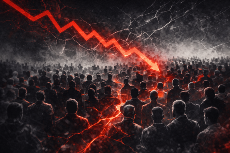Széteső szavazói tömeg és zuhanó trendet jelző grafikon absztrakt politikai ábrázolás