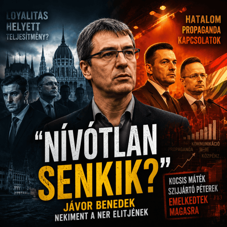 Jávor Benedek politikai háttér előtt, két eltérő hangulatú oldal között, erős közéleti konfliktust sugalló vizuális környezetben.