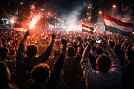 politikai győzelem utáni túlfűtött utcai tömeg