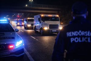 pénzszállító konvoj rendőri kísérettel éjszaka Magyarországon, arany és készpénz szállítás gyanúja