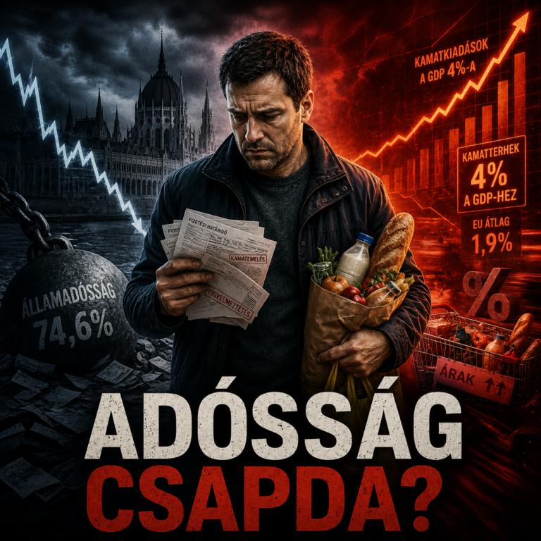 Feszült magyar férfi áll gazdasági válságot jelző grafikonok és inflációs háttér előtt.