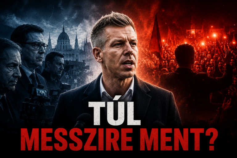 Magyar Péter feszült politikai környezetben áll, miközben két eltérő hangulatú politikai világ veszi körül.